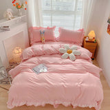 Qfdian  Japan Style Solid Color Bedding Set Cute Girl Ruffle Lace Pink Bed Skirt Kids Duvet Cover With Pillow Case Bed Sheet For Women