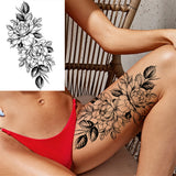 Qfdian  Flower Peony Temporary Tattoos For Women Girls Flora Snake Tattoo Sticker Black Lavender Sexy Fake Large Tatoos Sweatpea Dahlia