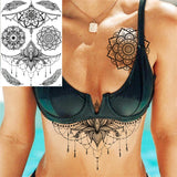 Qfdian  Tribal Henna Temporary Tattoos For Women Girls Adult Lace Black Mandala Tattoo Sticker Fake Flower Lotus Moon Tatoos Waterproof