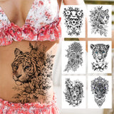 Qfdian  Sexy Tiger Flower Temporary Tattoo For Women Girl Skull Leopard Lion Tattoos Sticker Black Fake Tribal Animal Large Wasit Tattos