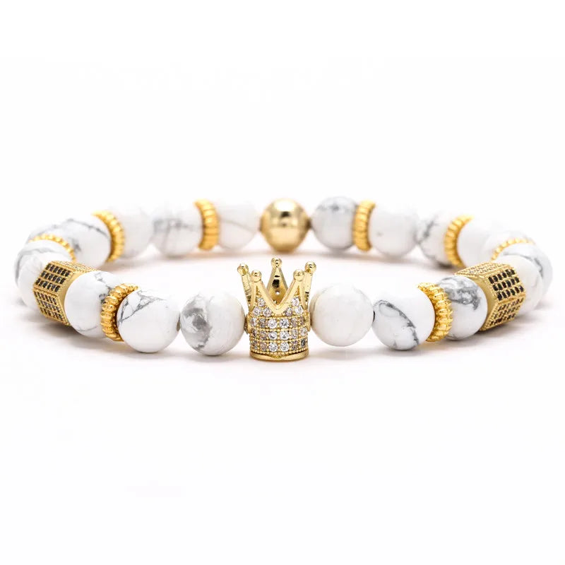 Trendy Micro Pave Cubic Zirconia Hecagon Crown Charm Bracelet Women Men Couple Stone Bead Bangles gift fashion Jewelry wholesale