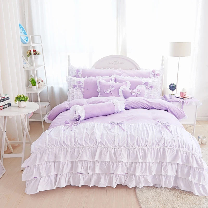 100% Cotton pink purple king queen twin single Double size girls bedding set ruffles korean bed set bedsheet set duvet cover