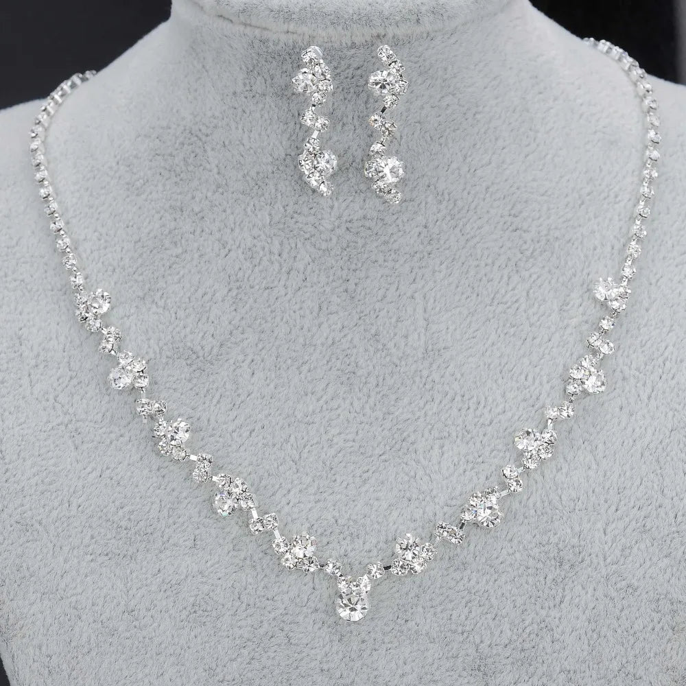 Fashion Silver Color Crystal Tennis Choker Necklace Set Earrings Factory Price Wedding Bridal Bridesmaid African Jewelry Sets