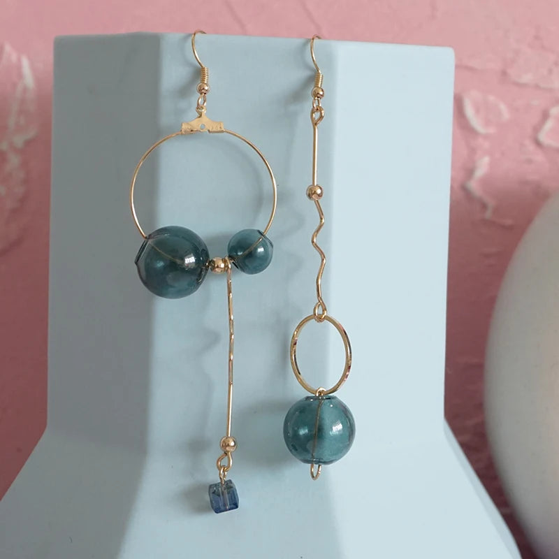 Original Design Vintage Dark Green Glass Ball Circle Dangle Long Earrings For Women