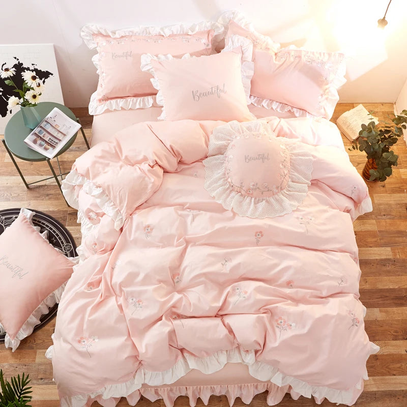 Pink White Green Korean Princess 100%cotton Bedding Sets Twin Queen King Size Girls Kids Bedding Sets  Bed Sheet Duvet Cover Set