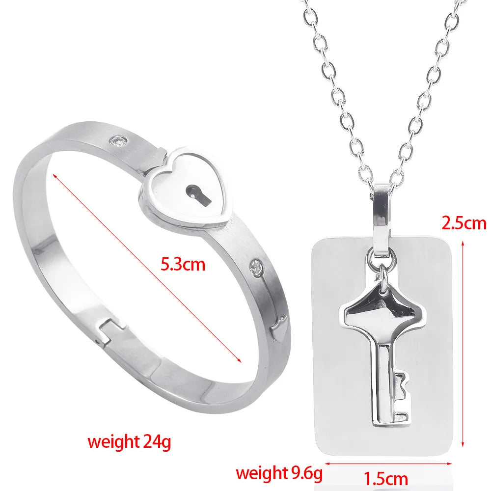 Couple Jewelry Stainless Steel Bracelet Love Heart Lock Bracelets Bangles Key Pendant Necklace for Lover Jewelry Gift
