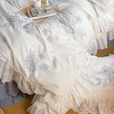 Shabby Chic Ruffles100%Cotton Blue Flowers Pattern White Bedding Set for Girls Soft Bed Sheet Pillowcases Double Queen King 4Pcs