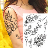 Qfdian  Realistic Orchid Lily Flower Temporary Tattoo For Women Rose Fake Tattoo Sticker Cluster Realistic Water Transfer Black Tatoos