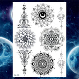Qfdian  Tribal Henna Temporary Tattoos For Women Girls Adult Lace Black Mandala Tattoo Sticker Fake Flower Lotus Moon Tatoos Waterproof