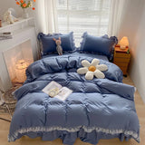 Qfdian  Japan Style Solid Color Bedding Set Cute Girl Ruffle Lace Pink Bed Skirt Kids Duvet Cover With Pillow Case Bed Sheet For Women