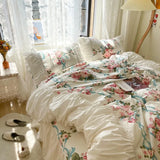 Vintage Floral Dovet Cover Set Elegant and Shabby Ruffle Farmhouse 100%Cotton White Soft Pink Girls Bedding Princess Bedskirt