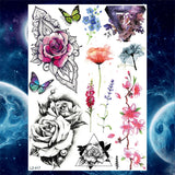 Qfdian  Flower Peony Temporary Tattoos For Women Girls Flora Snake Tattoo Sticker Black Lavender Sexy Fake Large Tatoos Sweatpea Dahlia