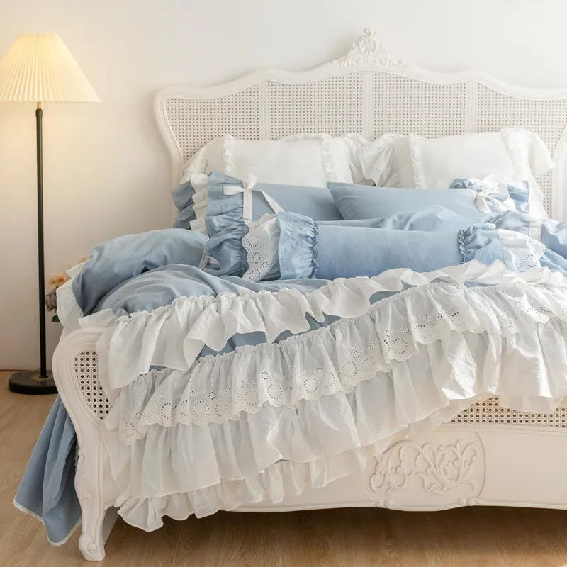 Double Ruffle Farmhouse Waterfall Duvet Cover 4/7Pcs Shabby Blue Chic Bedding Set for Girls Room Decoration Bedskirt Pillowcases