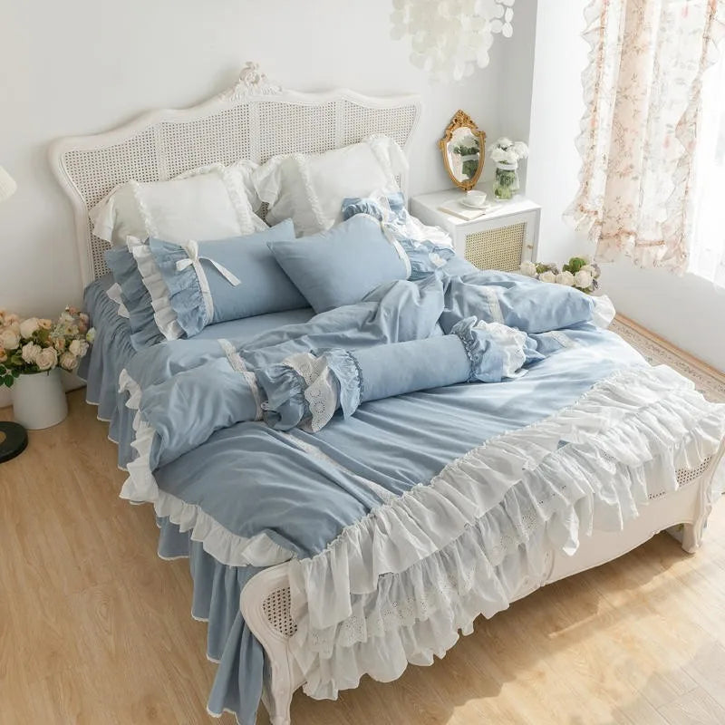 Double Ruffle Farmhouse Waterfall Duvet Cover 4/7Pcs Shabby Blue Chic Bedding Set for Girls Room Decoration Bedskirt Pillowcases