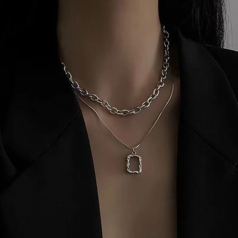 2024 Fashion Unisex Multilayer Hip Hop Long Chain Necklace For Women Jewelry Gifts Square Pendant Necklace Accessories