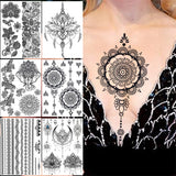 Qfdian  Tribal Henna Temporary Tattoos For Women Girls Adult Lace Black Mandala Tattoo Sticker Fake Flower Lotus Moon Tatoos Waterproof