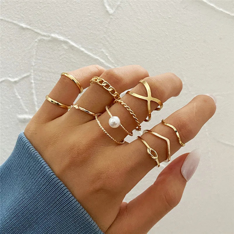 10pcs Punk Gold Color Chain Rings Set For Women Girls Fashion Irregular Finger Thin Rings Gift Female Knuckle Jewelry Party