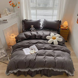 Qfdian  Japan Style Solid Color Bedding Set Cute Girl Ruffle Lace Pink Bed Skirt Kids Duvet Cover With Pillow Case Bed Sheet For Women