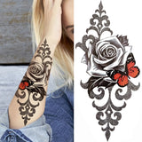 Qfdian  Realistic Peony Flower Temporary Tattoo For Women Compass Lotus Rose Dreamcatcher Tattoo Sticker Black Dragon Fake Lace Tatoo