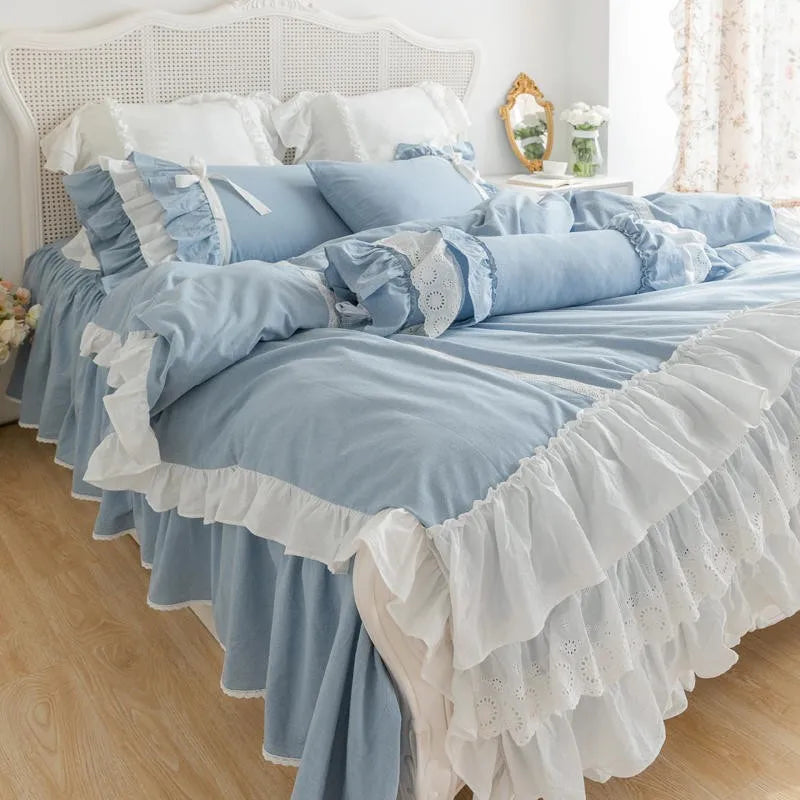 Double Ruffle Farmhouse Waterfall Duvet Cover 4/7Pcs Shabby Blue Chic Bedding Set for Girls Room Decoration Bedskirt Pillowcases