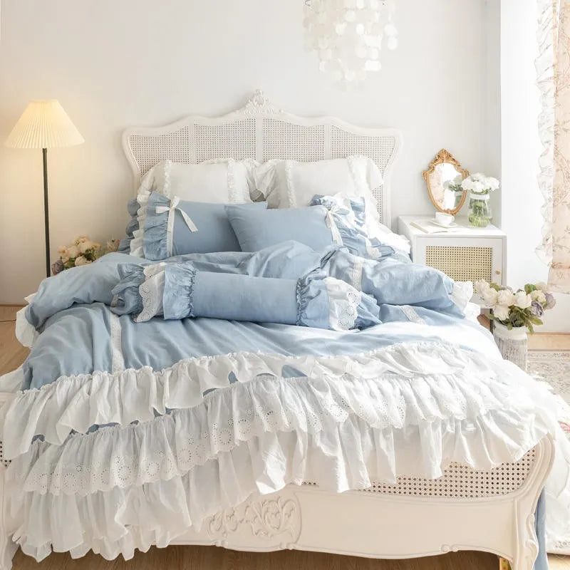 Double Ruffle Farmhouse Waterfall Duvet Cover 4/7Pcs Shabby Blue Chic Bedding Set for Girls Room Decoration Bedskirt Pillowcases