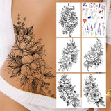 Qfdian  Flower Peony Temporary Tattoos For Women Girls Flora Snake Tattoo Sticker Black Lavender Sexy Fake Large Tatoos Sweatpea Dahlia