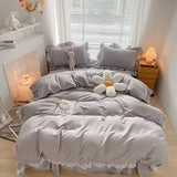 Qfdian  Japan Style Solid Color Bedding Set Cute Girl Ruffle Lace Pink Bed Skirt Kids Duvet Cover With Pillow Case Bed Sheet For Women