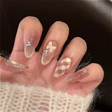 Qfdian  24Pcs Mid-length Almond Ballet False Nails Simple Cat Eye Design Press on Fake Nail Wearable Full Cover Nail Tips Manicure Tools