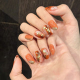 Qfdian  10pcs Handmade Press On Nails Smudging Orange Shiny Gold Foil Designs Fake Nails Court Style Japenese False Nail For Women Girls