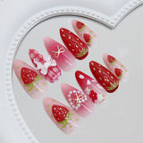 Qfdian  24pcs Ins 3D Bowknots Press On Nails Sweet Strawberry Pink Plaid Almond False Nails With Heart Shape Pearl Decor Fake Nail Tips