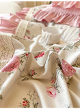 Qfdian 100% Cotton Korean Princess Style Rose Flower Print Ruffles Bedding Set Duvet Cover Bed Sheet/Fitted Sheet/Bed Skirt Pillowcases
