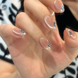 Qfdian  10Ppcs Minimalist French Stick on Nails Gradient Crystal Cat Eye Fake Nails Nude Rhinestone False Nail Short Oval Press on Nails