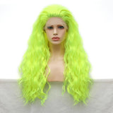 Qfdian Fluorescent Neon Green Wig Water Wave Synthetic Lace Front Wig Glueless Colored Long Curly Hair Lace Frontal Wigs for Women
