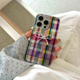 Qfdian Ins colorful autume winter check cover for iphone 13 16 15promax 16pro 14pro 15 pro max 12 14 3d plating bowknot phone case
