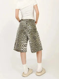 Qfdian  Women's Shorts Denim Leopard Print High Waisted Straight Leg Pants Street Harajuku Y2K Retro Versatile Fashion Wide Leg Jeans
