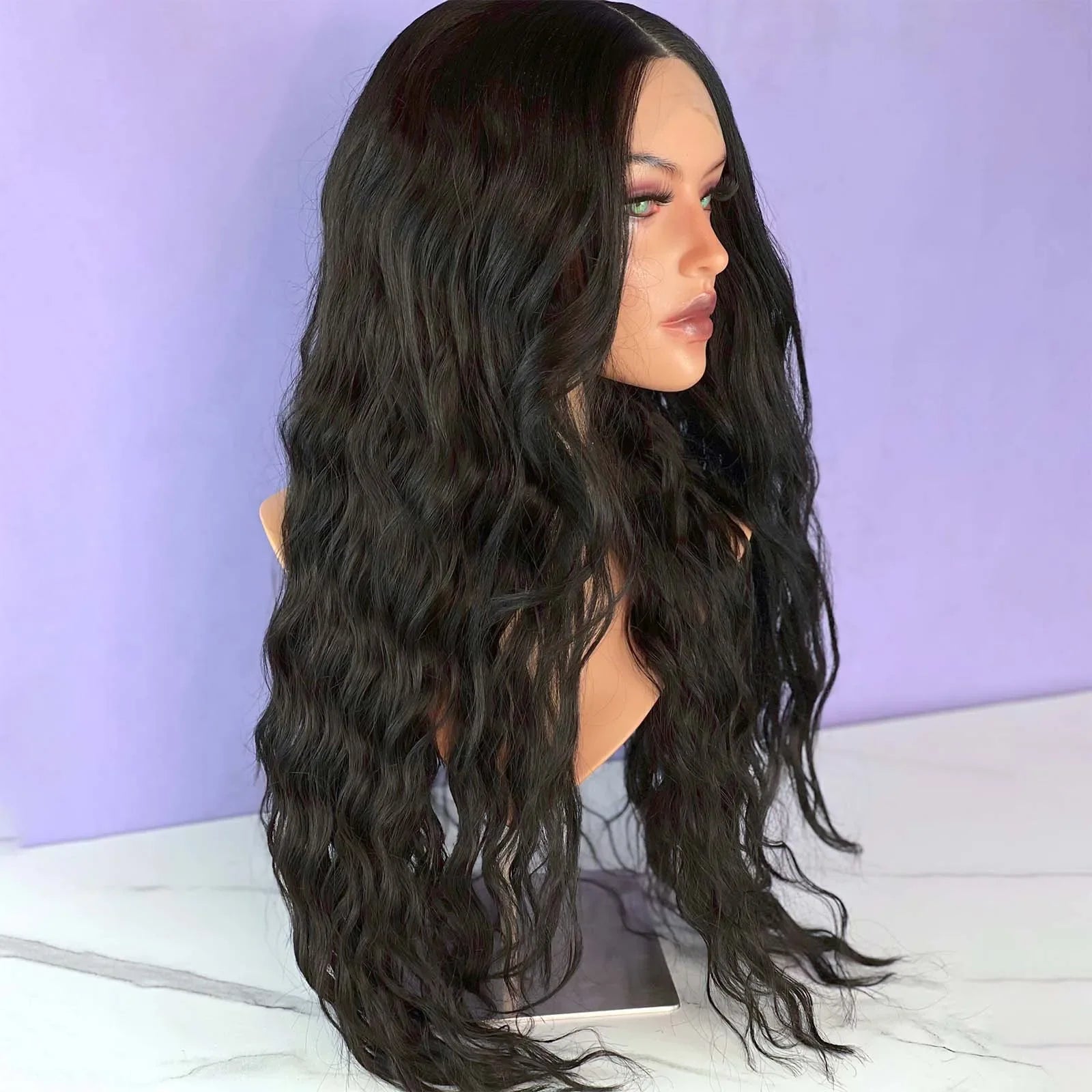 Qfdian 13X4 Black Curly Lace Wig Synthetic Lace Front Wig Wavy Long Black Hair Wig Natural Brunette Colored Lace Frontal Wigs for Women