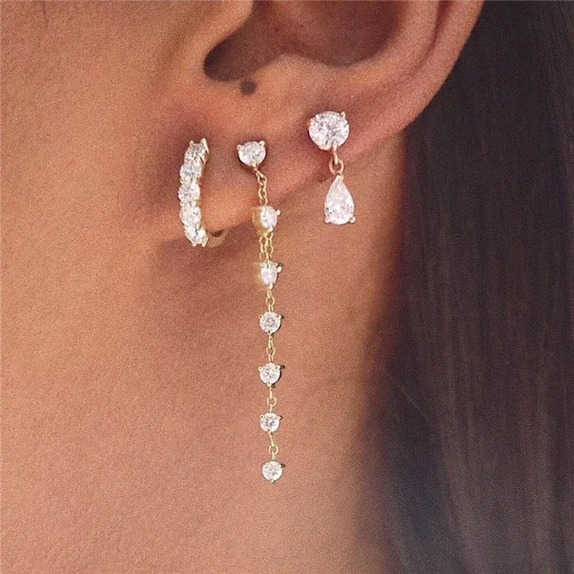 5A Cubic Zirconia Iced Out Bling Sparking Fashion Female Jewelry Prong Set White CZ Dangling Double Sided Earring For Women