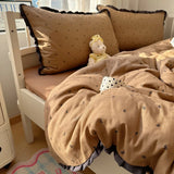 Qfdian  French Lace Bedding Sets New Ruffle Lace Bow Quilt Cover Romantic Bedclothes Decor Woman Girls Bedroom Duvet Cover 4pcs