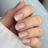 Qfdian 24Pcs Gradient White Fake Nail Short Square Ballet Simple False Nails Press on Wearable Nude Nails Art Full Cover Manicure Tips