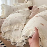 Qfdian  Korean Sweet Cherry Print Ruffles Bedding Sets oft Washed Cotton Duvet Cover Set Cute Princess Style Bedding for Girls Bedroom