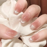 Qfdian 24Pcs Nude Pink Nail Tips Short Round Head False Nails with Design Wearable Finished Fake Nails Full Cover Press on Nails
