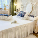 Qfdian 100% Cotton White Princess Bedding Sets Luxury Flowers Printing Lace Embroidery Ruffles Duvet Cover Bed Skirt Pillowcases 4/6Pcs