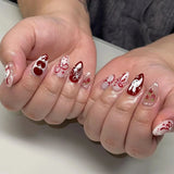 Qfdian  24pcs Sweet Cool Almond False Nails Y2k Red Ins Cherry Flower Bowknots Printed Press On Nails French Style Detachable Fake Nail
