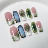Qfdian  10pcs Luxury Gold Press on Nails 3D Flower False Nails Pearl French Manicure Handmade Fake Nail Tips Square Medium Nail Stickers