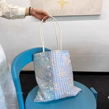 Qfdian  Korean Women Trendy Harajuku Handbags Patchwork Sequined Chic Plaid Embroidery Shoulder Bags Y2k Aesthetic Fashion Underarm Bag