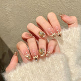Qfdian  10pcs Handmade Glitter Pink Press on Nails Shiny Bow Diamond Design False Nails Wearable Sweet French Cat Eye Fake Nail Tips