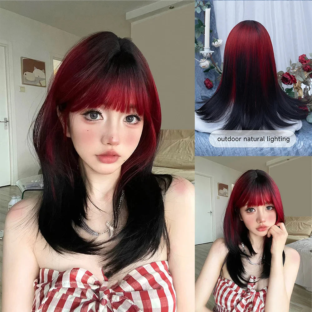 Qfdian 20Inch Black Red Gradient Lovely Synthetic Wigs With Bangs Medium Natural Straight Hair for Women Daily Use Party Heat Resistant