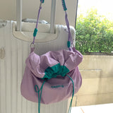 Qfdian Korean Style Solid Color Drawstring Bucket Bag Wrinkle Nylon Crossbody with Large Capacity And Adjustable Shoulder Strap