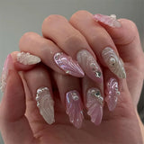 Qfdian 24pcs French Press on Nails Art Simple Pink Flower Star Design False Nail Tips Finished Mid-length Almond Fake Nail Set Manicure