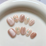 Qfdian 10pcs Handmade False Nails Press on Cat's Eye Full Cover Fake Nails Short Round Head Press On Nails Reusable Ballerina Manicure